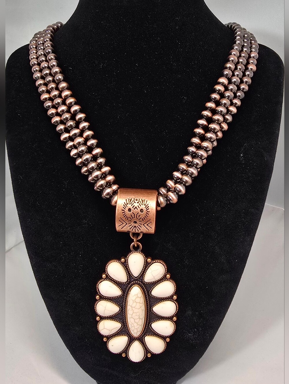 Handcrafted White Stone Pendant Multi-Strand Copper Necklace